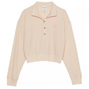 VS Pink Waffle Knit Top Long Sleeve Button Collar Henley Cropped XS Sleepwear